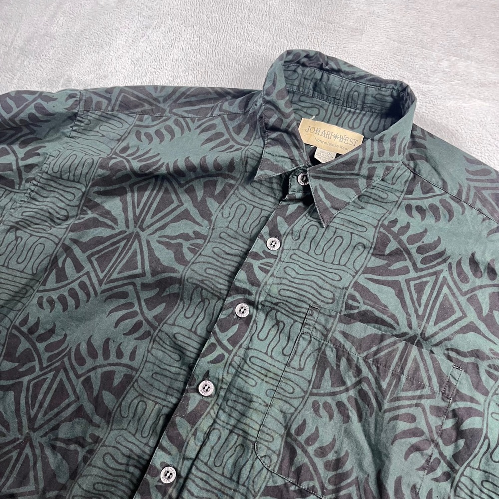 Johari West Mens 3XL‎ Forest Green Tribal Batik Cotton Short Sleeve Button Shirt